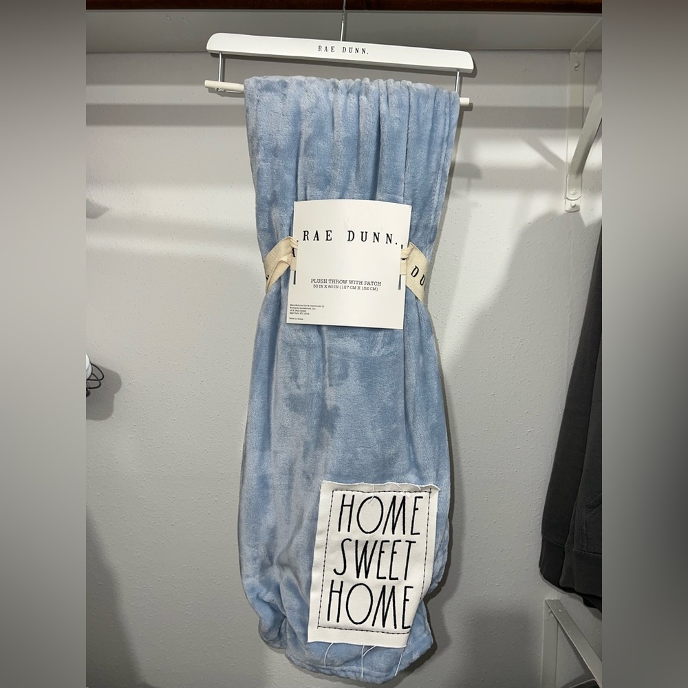 NWT Rae Dunn Light Blue Plush Throw with "Home Sweet Home" Patch